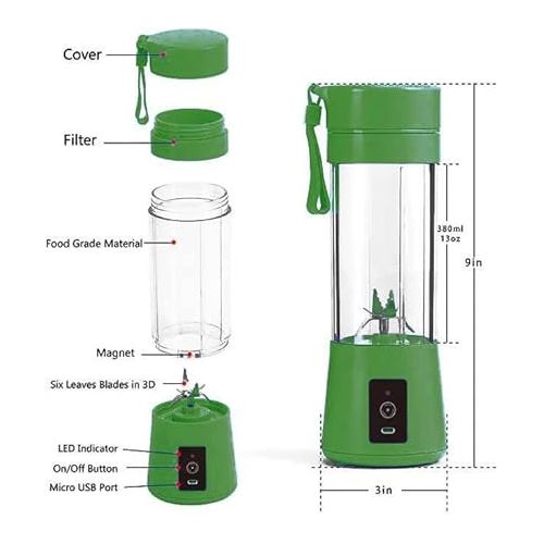 제네릭 Portable Blender USB Rechargeable Best Personal Blender for Shakes and Smoothies, with 4 Ultra-sharp Blades for Travel, Office & Sports (Green)