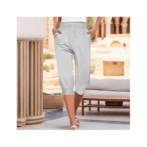 제네릭 Womens Pants Summer Capris Casual Drawstring Elastic Waist Capri Pants Comfy Tapered Cropped Trouser with Pockets