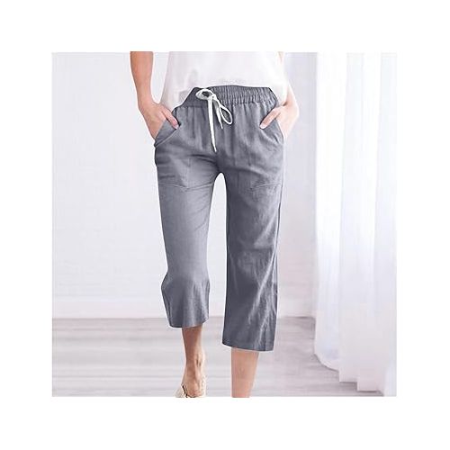 제네릭 Women's Pants Casual Loose Straight Leg Linen Pants Women 2024 Summer Drawstring Elastic Waist Capri Pants with Pockets