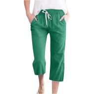 Womens Capri Linen Pants 2024 Summer Casual Drawstring Elastic Waist Palazzo Capris Pant Straight Leg Comfy Lounge Trousers