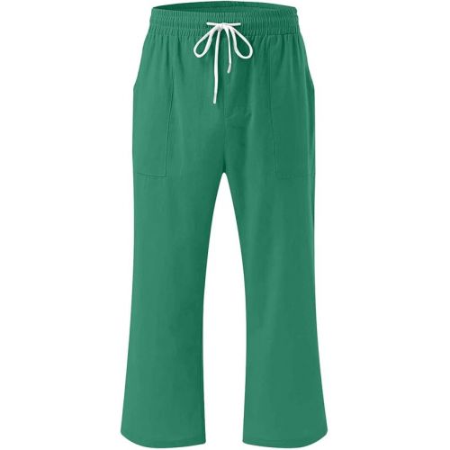 제네릭 Womens Capri Linen Pants 2024 Summer Casual Drawstring Elastic Waist Palazzo Capris Pant Straight Leg Comfy Lounge Trousers