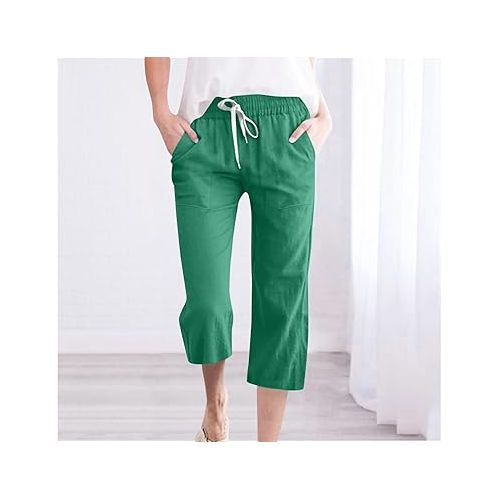 제네릭 Womens Capri Linen Pants 2024 Summer Casual Drawstring Elastic Waist Palazzo Capris Pant Straight Leg Comfy Lounge Trousers