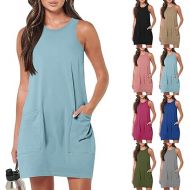 Womens Summer Dresses 2024 Casual Sleeveless Vacation Beach Sundresses Petite Loose Fit Tank T Shirt Mini Dress with Pockets