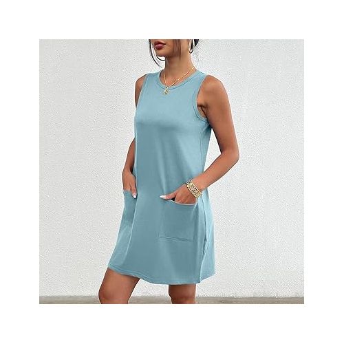 제네릭 Womens Summer Dresses 2024 Casual Sleeveless Vacation Beach Sundresses Petite Loose Fit Tank T Shirt Mini Dress with Pockets