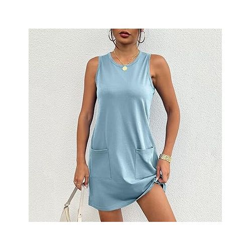제네릭 Womens Summer Dresses 2024 Casual Sleeveless Vacation Beach Sundresses Petite Loose Fit Tank T Shirt Mini Dress with Pockets