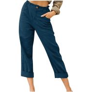 Womens Pants Casual Capri Elastic Waist Button Linen Pants with Pockets Trendy Cuffed Hem Wide Leg Lounge Cropped Pants