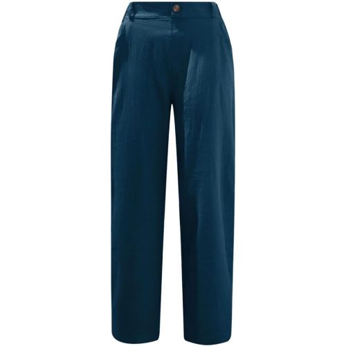 제네릭 Womens Pants Casual Capri Elastic Waist Button Linen Pants with Pockets Trendy Cuffed Hem Wide Leg Lounge Cropped Pants