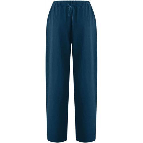 제네릭 Womens Pants Casual Capri Elastic Waist Button Linen Pants with Pockets Trendy Cuffed Hem Wide Leg Lounge Cropped Pants