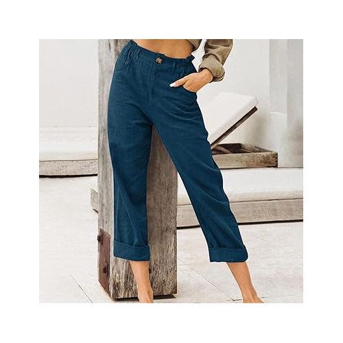 제네릭 Womens Pants Casual Capri Elastic Waist Button Linen Pants with Pockets Trendy Cuffed Hem Wide Leg Lounge Cropped Pants