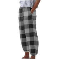 Summer Pants for Women Casual Pants Plaid Trendy Pants Baggy Elastic Waist Straight Leg Comfy Trousers with Pockets