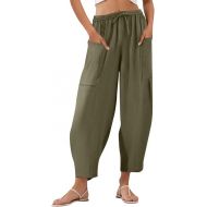 Women Business Casual Palazzo Trousers Summer High Waisted Lightweight Linen Flowy Dressy Capri Pants with Pockets
