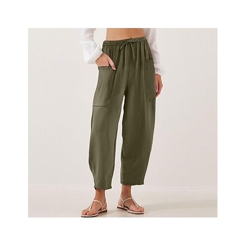 제네릭 Women Business Casual Palazzo Trousers Summer High Waisted Lightweight Linen Flowy Dressy Capri Pants with Pockets