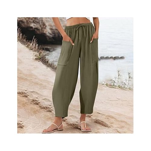 제네릭 Women Business Casual Palazzo Trousers Summer High Waisted Lightweight Linen Flowy Dressy Capri Pants with Pockets