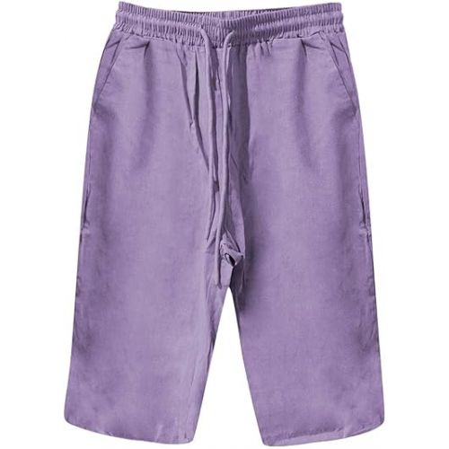 제네릭 Knee Length Linen Shorts for Women 2024 Bermuda Shorts Drawstring Elastic Waist Summer Casual Gym Shorts with Pockets