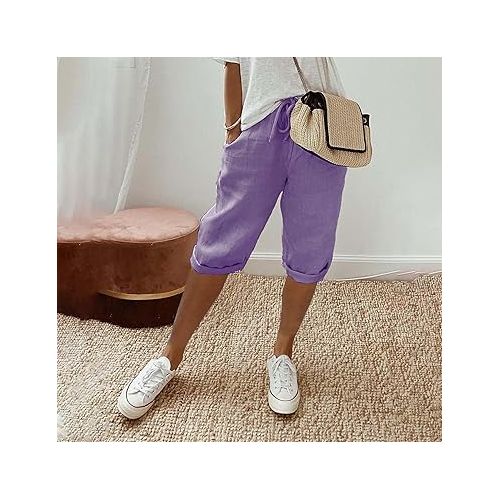 제네릭 Knee Length Linen Shorts for Women 2024 Bermuda Shorts Drawstring Elastic Waist Summer Casual Gym Shorts with Pockets