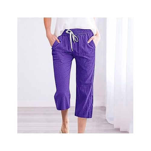 제네릭 Linen Capri Pants for Women Drawstring Elastic Waist Wide Leg Pants Loose Fit Summer Casual Crop Trousers with Pockets 2024