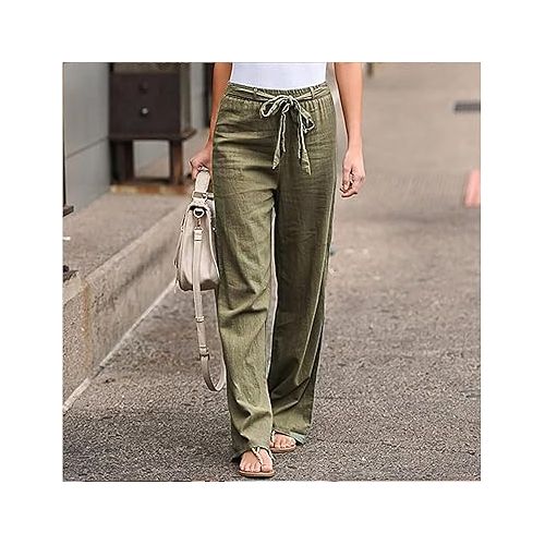 제네릭 Womens Summer Pants Cotton Linen Solid Color Drawstring Palazzo Pants High Waisted Baggy Casual Pants Long Lounge Trousers