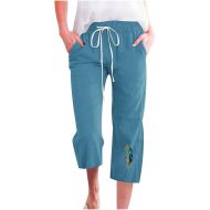 Capri Pants for Women Plus Size Dressy Elastic Waist Drawstring Cropped Trousers Summer Comfy Linen Capris with Pockets