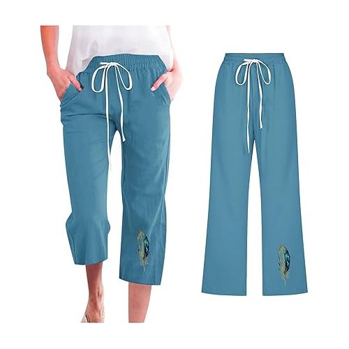 제네릭 Capri Pants for Women Plus Size Dressy Elastic Waist Drawstring Cropped Trousers Summer Comfy Linen Capris with Pockets