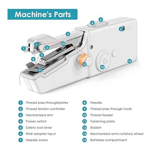 제네릭 Handheld Sewing Machine, Portable Sewing Machine, Mini Sewing Machine for Beginners, Cordless Electric Hand Sewing Machine with Accessories Kit, Suitable for Clothing, Curtains, DIY Home Travel, White