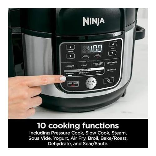 제네릭 Ninja Foodi OS300 10-in-1 6.5-Quart Pro Pressure Cooker Air Fryer Multicooker, Stainless, Indoor grill’s wide temperatureCyclonic Grilling Technology 500F, Smoke Control System (Renewed)