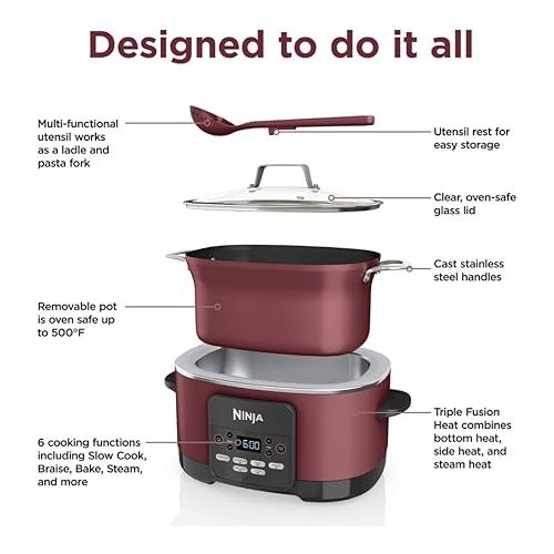 제네릭 Ninja MC1000 Foodi Possible Cooker PRO 8.5 Quart Multi-Cooker, with 8-in-1 Slow Cooker, Dutch Oven, Steamer, Glass Lid Integrated Spoon, Nonstick, Oven Safe Pot to 500°F Cherry Tarte, EASY CLEANUP