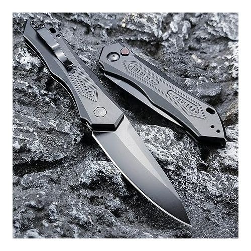 제네릭 Pocket Knife Push Button Lock Folding Knife for EDC Black Aluminum Handles Black 9Cr18MoV Blade Everyday Carry Knife for Men Women, Lightweight for Indoor Outdoor Gift