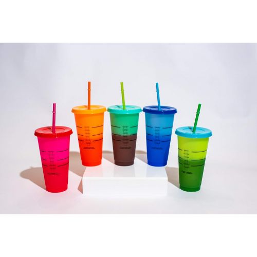 제네릭 [아마존 핫딜] [아마존핫딜]Generic Take Three Boutique Color Changing 24oz Cold Cups - 5 Reusable Cups, Lids and Straws - Summer Coffee Tumblers - Summer Cups