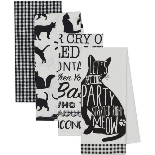 제네릭 Generic 4 Cat Themed Decorative Cotton Kitchen Towels (Includes One with Sayings) | Black and White Towel Set for Dish and Hand Drying