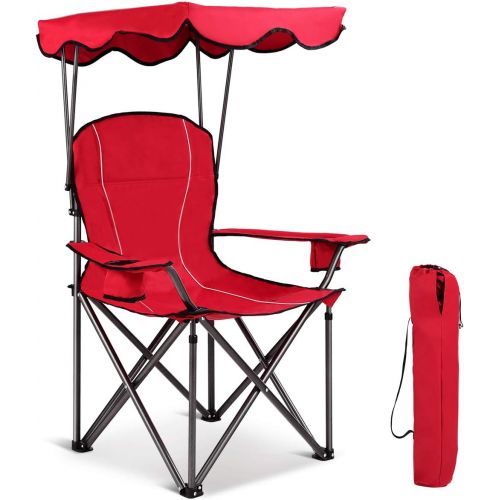 제네릭 Generic Renatone Folding Camp Chair with Canopy, Outdoor Beach Chair wCanopy Shade, Portable Camping Hiking Chair wCup Holder and Carry Bag for Patio, Beach, Pool (Red)