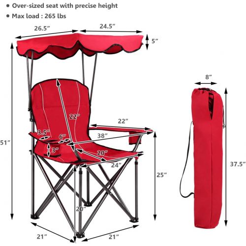 제네릭 Generic Renatone Folding Camp Chair with Canopy, Outdoor Beach Chair wCanopy Shade, Portable Camping Hiking Chair wCup Holder and Carry Bag for Patio, Beach, Pool (Red)