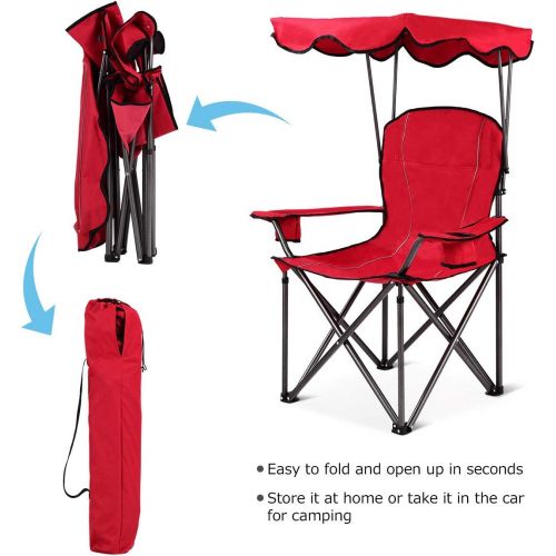 제네릭 Generic Renatone Folding Camp Chair with Canopy, Outdoor Beach Chair wCanopy Shade, Portable Camping Hiking Chair wCup Holder and Carry Bag for Patio, Beach, Pool (Red)