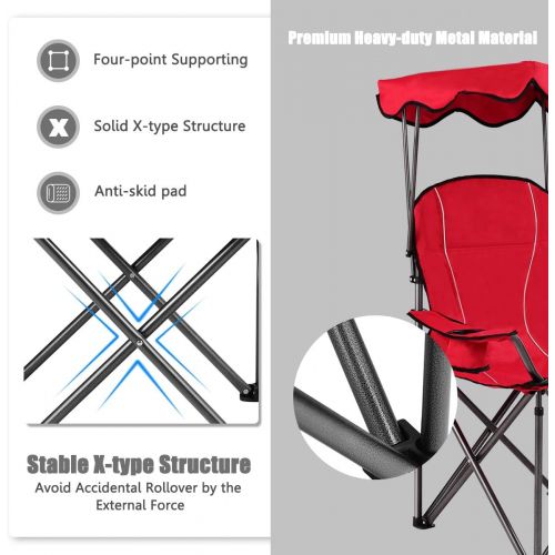 제네릭 Generic Renatone Folding Camp Chair with Canopy, Outdoor Beach Chair wCanopy Shade, Portable Camping Hiking Chair wCup Holder and Carry Bag for Patio, Beach, Pool (Red)