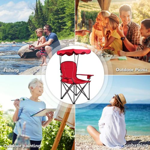 제네릭 Generic Renatone Folding Camp Chair with Canopy, Outdoor Beach Chair wCanopy Shade, Portable Camping Hiking Chair wCup Holder and Carry Bag for Patio, Beach, Pool (Red)