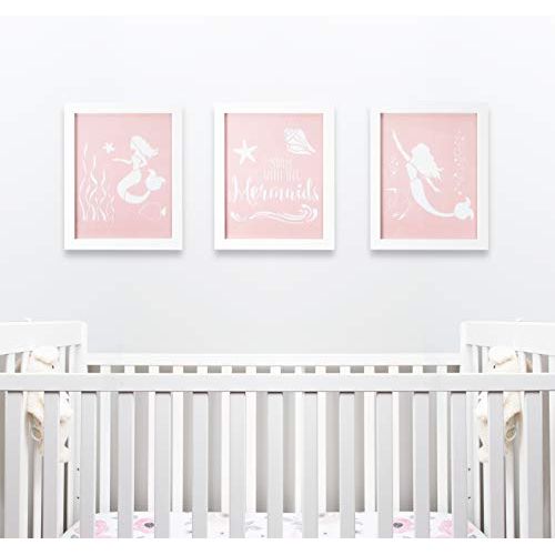 제네릭 Generic Framed Nursery Decor by Sweet SLSy Set of 3 Mermaid Prints. Cute Mermaids Shells Baby Art Kids Baby Bedroom Bathroom Pink Wall Decor Inspirational