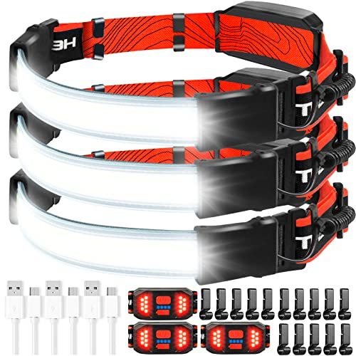 제네릭 Generic 3PCS LED Headlamp Flashlight,USB Rechargeable Headlamp 240° Wide-Beam 3 Light Modes,1000LM COB LED Headlamp Waterproof Headlight with Taillight for Camping,Running,Fishing and Cycl