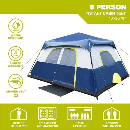 제네릭 Generic Camping Tents, 6/8 Person 60 Seconds Set Up Camping Tent, Waterproof Pop Up Tent with Top Rainfly, Instant Cabin Tent, Advanced Venting Design, Provide Gate Mat