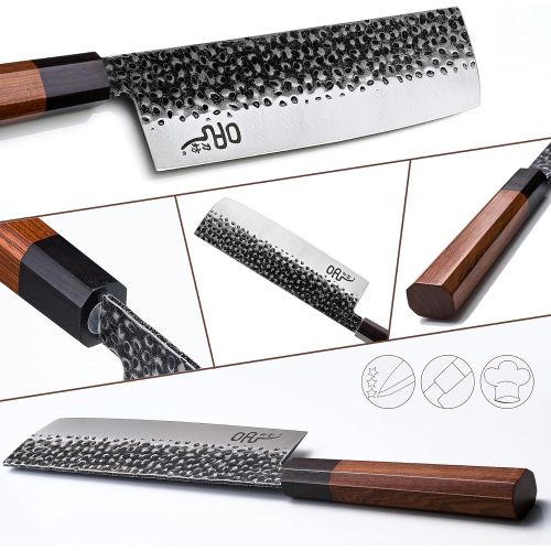 제네릭 Generic Vegetable Nakiri Knife 7 inch - Yi Gyuto Knife 3 Layer 5CR15MOV Clad Steel Hammered/Octagon Handle Chef Knife - Ultra Sharp Brown Octagon Handle + Hammered Blade 7 Inch Nakiri Knif