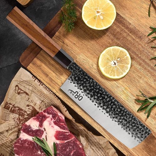 제네릭 Generic Vegetable Nakiri Knife 7 inch - Yi Gyuto Knife 3 Layer 5CR15MOV Clad Steel Hammered/Octagon Handle Chef Knife - Ultra Sharp Brown Octagon Handle + Hammered Blade 7 Inch Nakiri Knif