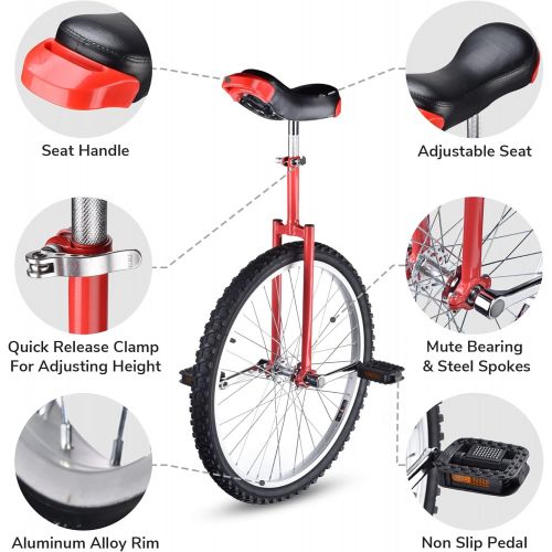 제네릭 Generic 24 Inch Tire Chrome Unicycle Wheel Training Style Cycling w/ Stand Release Saddel Seat Balance Mountain Exercise Bike - Red