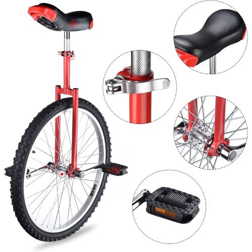 제네릭 Generic 24 Inch Tire Chrome Unicycle Wheel Training Style Cycling w/ Stand Release Saddel Seat Balance Mountain Exercise Bike - Red