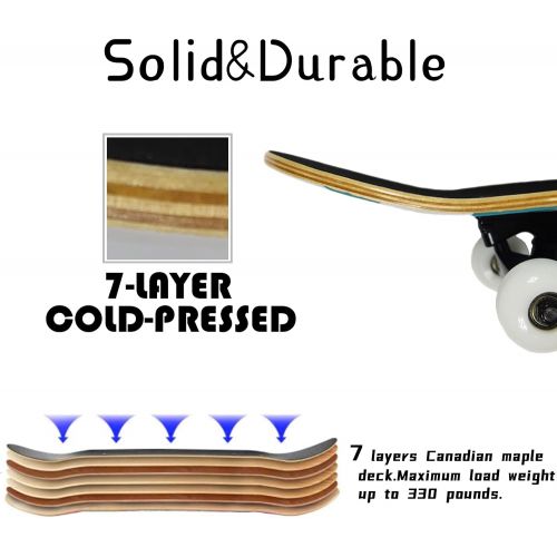 제네릭 Generic MAPLSPED Skateboards for Beginners, Complete Skateboard 31 x 7.88, 7 Layer Canadian Maple Double Kick Concave Standard and Tricks Skateboards for Kids and Beginners