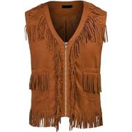 Generic Mens Western Cowboy Vest Casual Fringe Hippie Costume V Neck Zipper Suede Leather Waistcoat