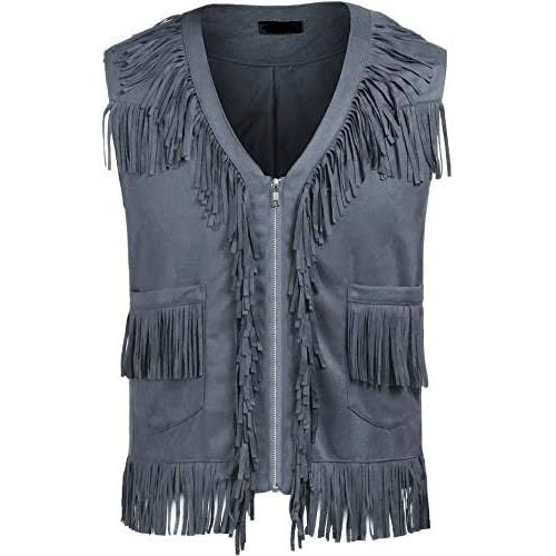 제네릭 할로윈 용품Generic Mens Western Cowboy Vest Casual Fringe Hippie Costume V Neck Zipper Suede Leather Waistcoat