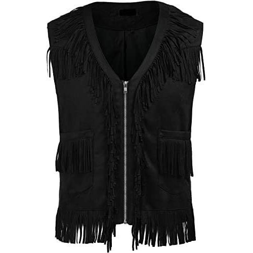 제네릭 할로윈 용품Generic Mens Western Cowboy Vest Casual Fringe Hippie Costume V Neck Zipper Suede Leather Waistcoat