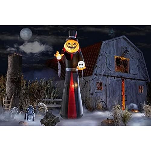 제네릭 할로윈 용품Generic Halloween Inflatable Giant Sized Pumpkin Head Reaper in Top Hat | 12ft Tall Air Blown Inflatable Pumpkin Reaper with Skull in Hand