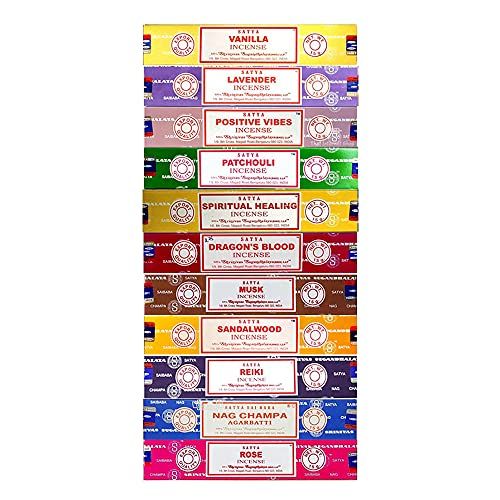 제네릭 인센스스틱 Generic Set of 15g Nag Champa, Lavender, Patchouli, Musk, Reiki, Rose, Positive Vibes, Spiritual Healing, Dragon Blood, Sandalwood, Vanilla + Free One Unit of 15g Satya Incense