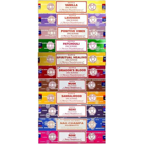 제네릭 인센스스틱 Generic Set of 15g Nag Champa, Lavender, Patchouli, Musk, Reiki, Rose, Positive Vibes, Spiritual Healing, Dragon Blood, Sandalwood, Vanilla + Free One Unit of 15g Satya Incense