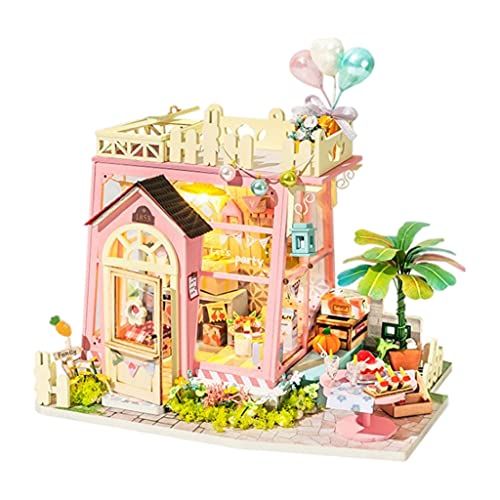 제네릭 Generic DIY Miniature Dollhouse Kit with LED Light & Furniture Accessories, 3D Puzzle House for Adult and Kids - Pink Cottage