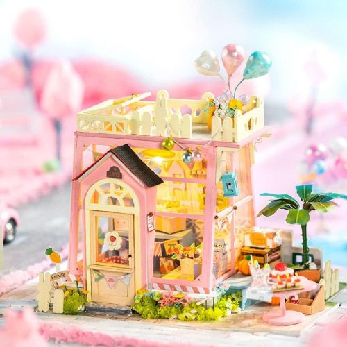 제네릭 Generic DIY Miniature Dollhouse Kit with LED Light & Furniture Accessories, 3D Puzzle House for Adult and Kids - Pink Cottage